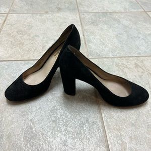 Black suede round toe pumps, 3” heel height